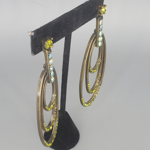 Brass Green Oval Dangle Earrings - Picture 3 of 6